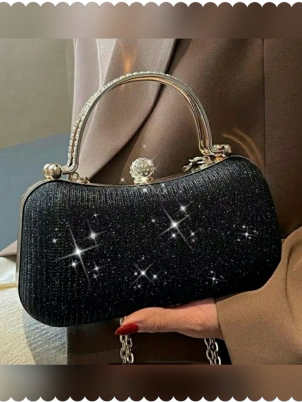 Elegant Glitter Evening Bag in Black with Gold Hardware